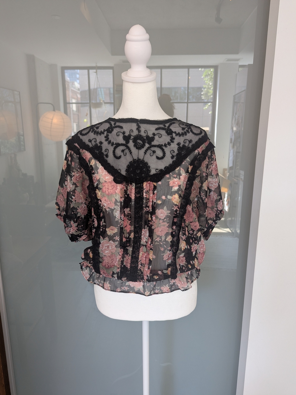 Floral Sheer Lace-Back Blouse - Black with Rose Floral